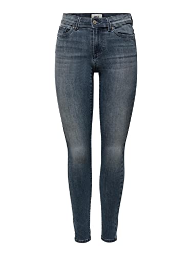 ONLY Damen Skinny Fit Jeans | Normal Waist Denim Stretch Hose | Bleached Used Design ONLWAUW, Farben:Dunkelblau, Größe:XS / 32L