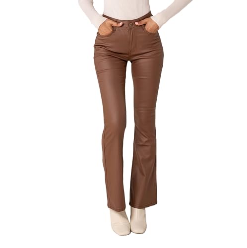 Nina Carter LP301 Damen-Hose in Lederoptik Bootcut High Waist Schlaghosen Jeans Lederhose (Dunkelbraun (LP302), M)