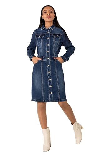 Nina Carter S538 Damen Jeanskleid mit Knöpfen Langärmlig Denim Kleid Stretch Knielang Blusenkleid Used-Look (Dunkelblau (S538), M)