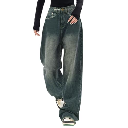 Jeans Damen Baggy Y2k Boyfriend Jeanshose Low Waist Hip Hop Straight Vintage Denim Hose Breites Bein Loose Hosen Locker Streetwear Schlupfjeans...