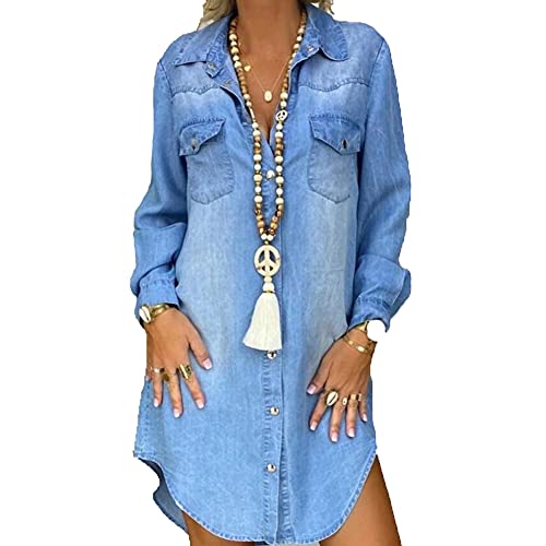 cffvdiz Damen Jeanshemd Kleid Langarm Button Down Casual Jeanskleid,Blau,XL