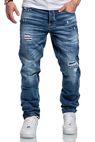 Amaci&Sons Herren Jeans Regular Straight Fit Denim Hose Destroyed 7984 Hellblau (Patches) W36/L32