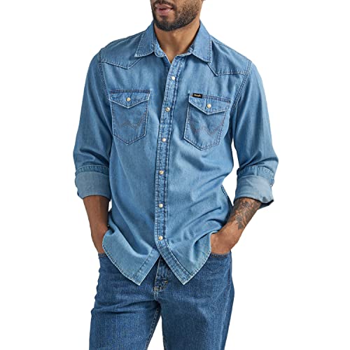 Wrangler Herren Iconic Denim Regular Fit Snap Shirt Hemd mit Button-Down-Kragen, Lake Wash, L