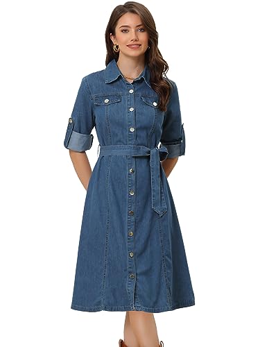 Allegra K Damen Denim Hemdkleid Langarm Knopfleiste Gürtel Jeanskleid Blau M